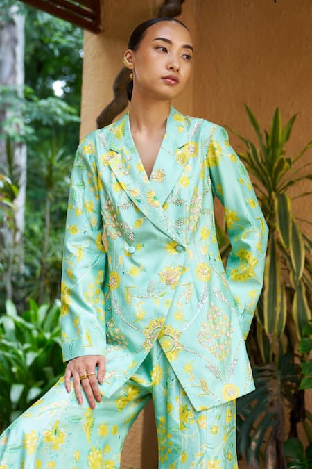 Shop Archana Shah Blue Crepe Embroidery, Zari Floral Print Blazer And Sharara Set Online at Aza Fashions Shop_Archana Shah_Blue Crepe Embroidery, Zari Floral Print Blazer And Sharara Set _Online_at_Aza_Fashions