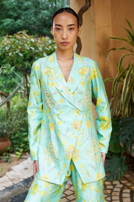 Archana Shah Blue Crepe Embroidery, Zari Floral Print Blazer And Sharara Set at Aza Fashions Archana Shah_Blue Crepe Embroidery, Zari Floral Print Blazer And Sharara Set _at_Aza_Fashions