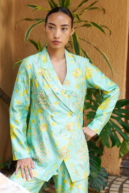 Buy Archana Shah Blue Crepe Embroidery, Zari Floral Print Blazer And Sharara Set Buy_Archana Shah_Blue Crepe Embroidery, Zari Floral Print Blazer And Sharara Set