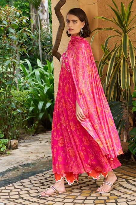 Shop Archana Shah Pink Chanderi Sequins, Pearls, Embroidery V-neck Floral Anarkali Set Online at Aza Fashions Shop_Archana Shah_Pink Chanderi Sequins, Pearls, Embroidery V-neck Floral Anarkali Set _Online_at_Aza_Fashions
