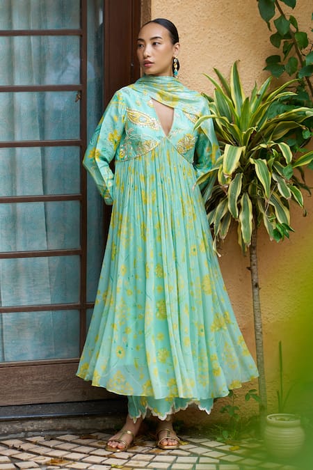 Buy Archana Shah Blue Chanderi Sequins, Pearls V-neck Floral Print Anarkali Set Online at Aza Fashions Buy_Archana Shah_Blue Chanderi Sequins, Pearls V-neck Floral Print Anarkali Set _Online_at_Aza_Fashions