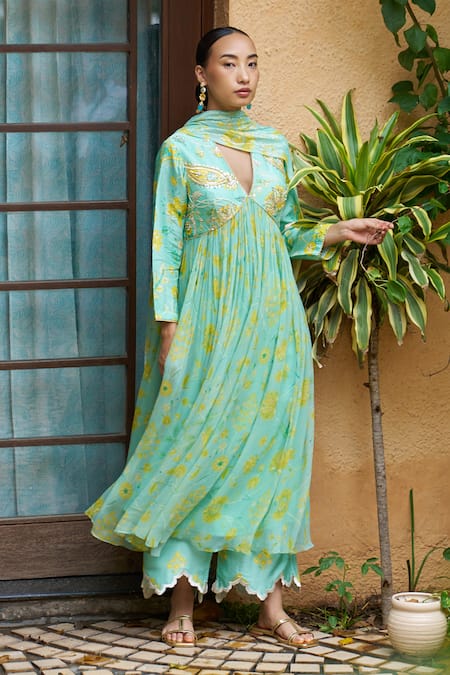 Shop Archana Shah Blue Chanderi Sequins, Pearls V-neck Floral Print Anarkali Set Online at Aza Fashions Shop_Archana Shah_Blue Chanderi Sequins, Pearls V-neck Floral Print Anarkali Set _Online_at_Aza_Fashions