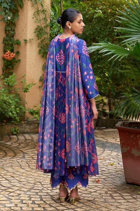 Shop Archana Shah Blue Chanderi Embroidery, Sequins, Pearls, Floral Print Anarkali Set With Pant at Aza Fashions Shop_Archana Shah_Blue Chanderi Embroidery, Sequins, Pearls, Floral Print Anarkali Set With Pant _at_Aza_Fashions