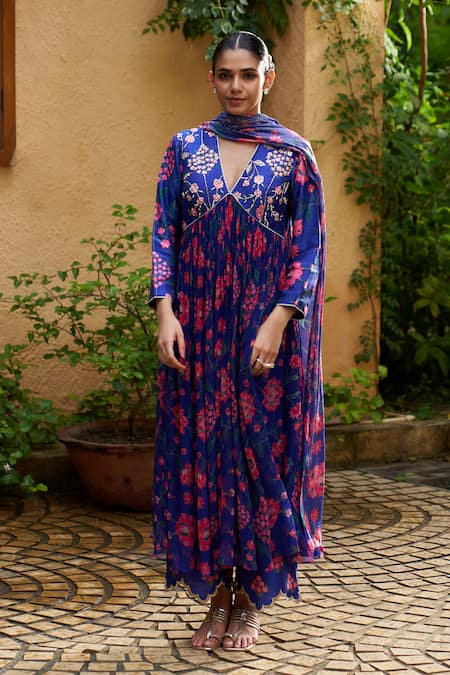 Archana Shah Blue Chanderi Embroidery, Sequins, Pearls, Floral Print Anarkali Set With Pant Online at Aza Fashions Archana Shah_Blue Chanderi Embroidery, Sequins, Pearls, Floral Print Anarkali Set With Pant _Online_at_Aza_Fashions
