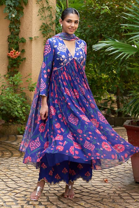 Buy Archana Shah Blue Chanderi Embroidery, Sequins, Pearls, Floral Print Anarkali Set With Pant Online at Aza Fashions Buy_Archana Shah_Blue Chanderi Embroidery, Sequins, Pearls, Floral Print Anarkali Set With Pant _Online_at_Aza_Fashions