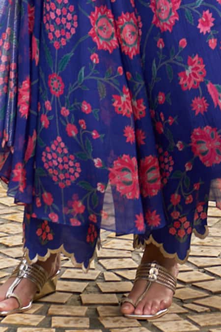 Shop Archana Shah Blue Chanderi Embroidery, Sequins, Pearls, Floral Print Anarkali Set With Pant Online at Aza Fashions Shop_Archana Shah_Blue Chanderi Embroidery, Sequins, Pearls, Floral Print Anarkali Set With Pant _Online_at_Aza_Fashions