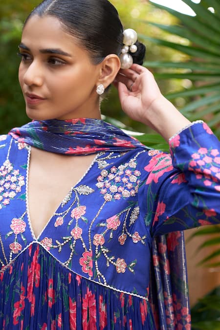 Buy Archana Shah Blue Chanderi Embroidery, Sequins, Pearls, Floral Print Anarkali Set With Pant Buy_Archana Shah_Blue Chanderi Embroidery, Sequins, Pearls, Floral Print Anarkali Set With Pant