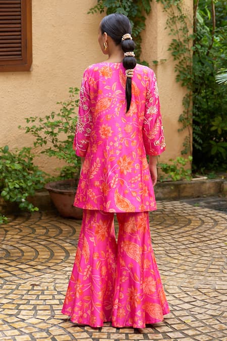 Shop Archana Shah Pink , Satin Sequins, Zari Floral Embroidered Jacket And Sharara Set at Aza Fashions Shop_Archana Shah_Pink , Satin Sequins, Zari Floral Embroidered Jacket And Sharara Set _at_Aza_Fashions
