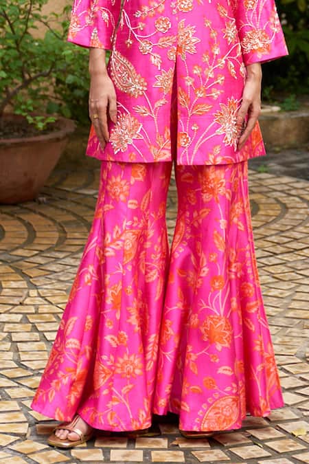 Archana Shah Pink , Satin Sequins, Zari Floral Embroidered Jacket And Sharara Set Online at Aza Fashions Archana Shah_Pink , Satin Sequins, Zari Floral Embroidered Jacket And Sharara Set _Online_at_Aza_Fashions