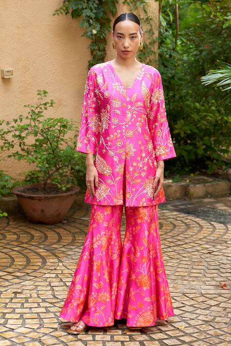 Buy Archana Shah Pink , Satin Sequins, Zari Floral Embroidered Jacket And Sharara Set Online at Aza Fashions Buy_Archana Shah_Pink , Satin Sequins, Zari Floral Embroidered Jacket And Sharara Set _Online_at_Aza_Fashions