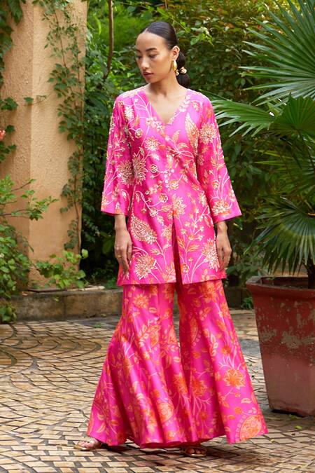 Shop Archana Shah Pink , Satin Sequins, Zari Floral Embroidered Jacket And Sharara Set Online at Aza Fashions Shop_Archana Shah_Pink , Satin Sequins, Zari Floral Embroidered Jacket And Sharara Set _Online_at_Aza_Fashions