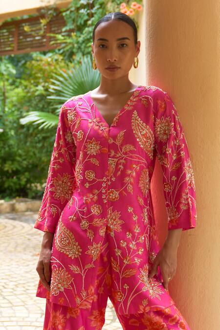 Buy Archana Shah Pink , Satin Sequins, Zari Floral Embroidered Jacket And Sharara Set Buy_Archana Shah_Pink , Satin Sequins, Zari Floral Embroidered Jacket And Sharara Set