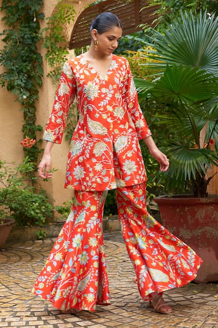 Shop_Archana Shah_Red , Satin Zari, Sequins, Embroidery Floral Print Jacket And Sharara Set _Online_at_Aza_Fashions