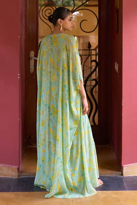 Shop_Archana Shah_Blue Lace, Crepe Embroidery, Mirrors Square Neck Floral Print Cape Sharara Set _at_Aza_Fashions