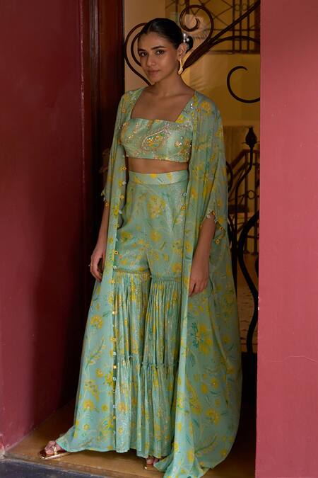 Buy_Archana Shah_Blue Lace, Crepe Embroidery, Mirrors Square Neck Floral Print Cape Sharara Set _Online_at_Aza_Fashions