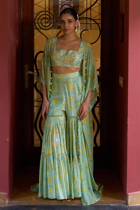 Shop_Archana Shah_Blue Lace, Crepe Embroidery, Mirrors Square Neck Floral Print Cape Sharara Set _Online_at_Aza_Fashions