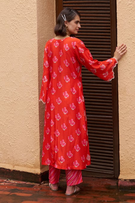 Shop Archana Shah Red Silk Embroidery Split V-neck Floral Kurta And Stripe Pant at Aza Fashions Shop_Archana Shah_Red Silk Embroidery Split V-neck Floral Kurta And Stripe Pant _at_Aza_Fashions