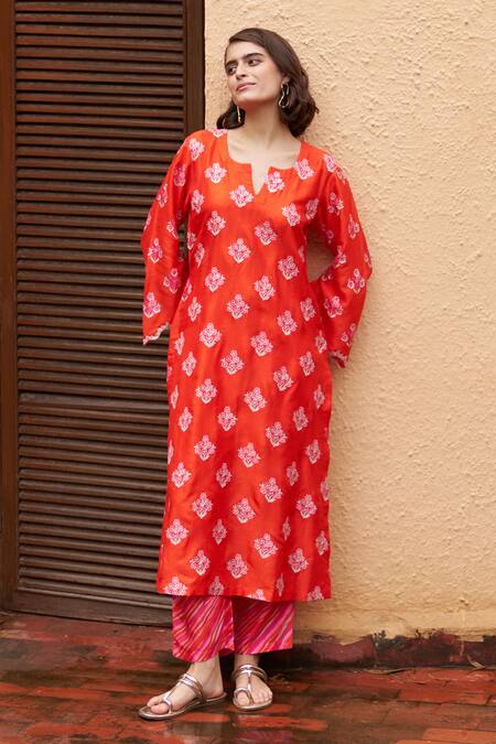 Archana Shah Red Silk Embroidery Split V-neck Floral Kurta And Stripe Pant Online at Aza Fashions Archana Shah_Red Silk Embroidery Split V-neck Floral Kurta And Stripe Pant _Online_at_Aza_Fashions