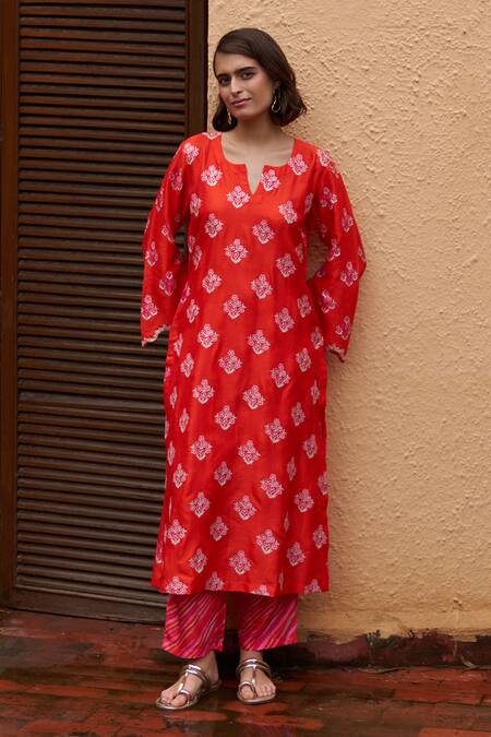 Buy Archana Shah Red Silk Embroidery Split V-neck Floral Kurta And Stripe Pant Online at Aza Fashions Buy_Archana Shah_Red Silk Embroidery Split V-neck Floral Kurta And Stripe Pant _Online_at_Aza_Fashions