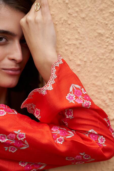 Shop Archana Shah Red Silk Embroidery Split V-neck Floral Kurta And Stripe Pant Online at Aza Fashions Shop_Archana Shah_Red Silk Embroidery Split V-neck Floral Kurta And Stripe Pant _Online_at_Aza_Fashions