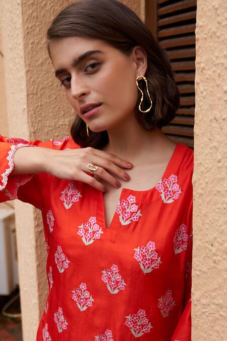 Archana Shah Red Silk Embroidery Split V-neck Floral Kurta And Stripe Pant at Aza Fashions Archana Shah_Red Silk Embroidery Split V-neck Floral Kurta And Stripe Pant _at_Aza_Fashions
