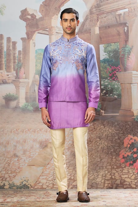 Asuka_Purple Silk Piping, Embroidery Ombre Bundi Kurta Set _Online_at_Aza_Fashions