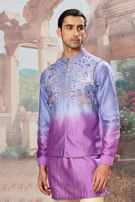 Shop_Asuka_Purple Silk Piping, Embroidery Ombre Bundi Kurta Set _Online_at_Aza_Fashions