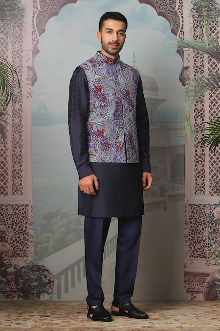 Asuka_Blue Chanderi Silk Sequins, Metallic Thread, Embroidery Indigo Bundi Kurta Set _Online_at_Aza_Fashions
