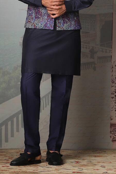 Buy_Asuka_Blue Chanderi Silk Sequins, Metallic Thread, Embroidery Indigo Bundi Kurta Set _Online_at_Aza_Fashions