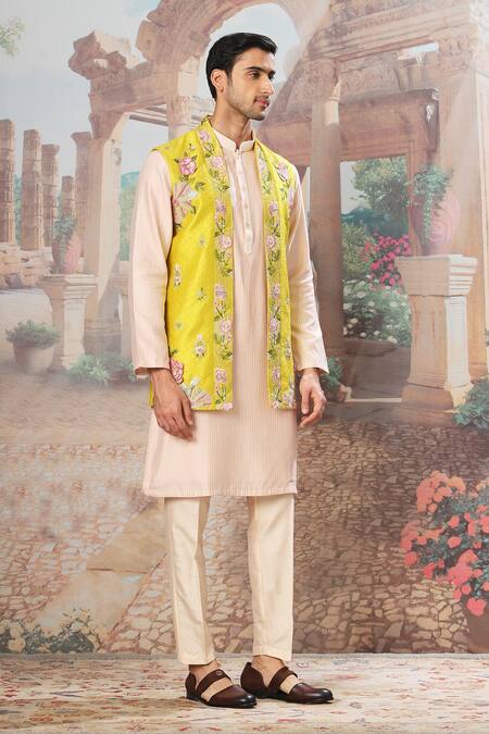 Buy_Asuka_Yellow Silk, Cotton Embroidery Garden Bundi Kurta Set _Online_at_Aza_Fashions