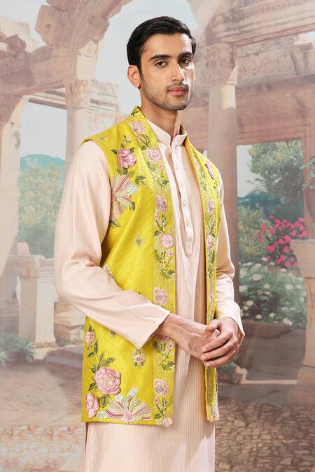 Shop_Asuka_Yellow Silk, Cotton Embroidery Garden Bundi Kurta Set _Online_at_Aza_Fashions