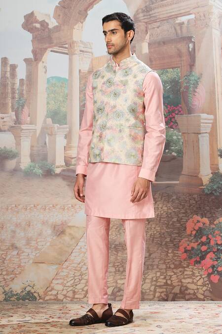 Asuka_Peach Silk Metallic Thread, Sequins Embroidered Bundi Kurta Set _Online_at_Aza_Fashions