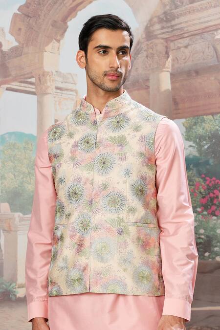 Shop_Asuka_Peach Silk Metallic Thread, Sequins Embroidered Bundi Kurta Set _Online_at_Aza_Fashions