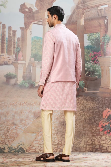 Asuka Embroidered Pink Raw Silk Bundi Kurta Set 