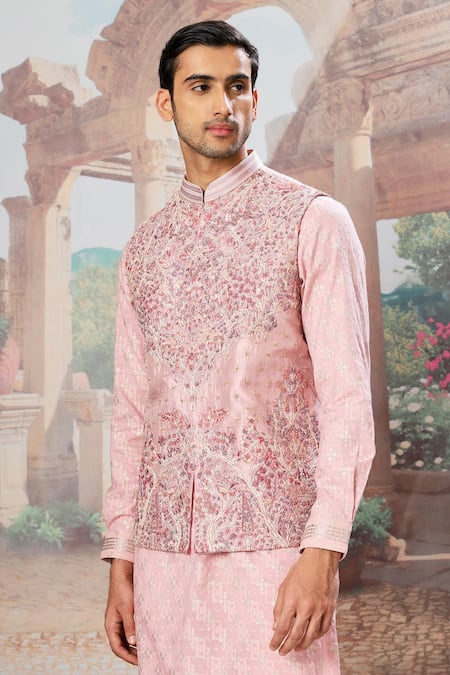Shop Asuka Pink Silk Cut Work, Embroidery Raw Bundi Kurta Set Online at Aza Fashions Shop_Asuka_Pink Silk Cut Work, Embroidery Raw Bundi Kurta Set _Online_at_Aza_Fashions