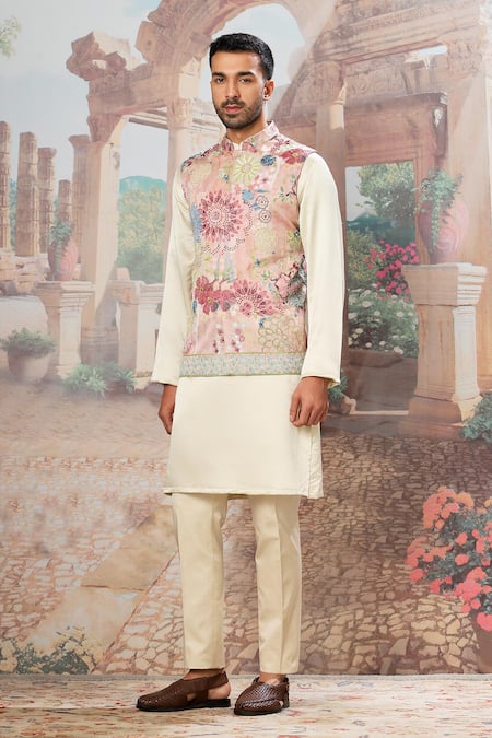 Asuka_Pink Linen, Satin Cut Work, Embroidery, Stones Floral Print Bundi Kurta Set _Online_at_Aza_Fashions