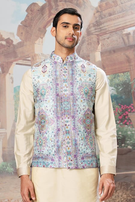 Asuka_Beige Silk, Cotton Mirrors, Embroidery Mughal Minaret Printed Bundi Kurta Set _Online_at_Aza_Fashions