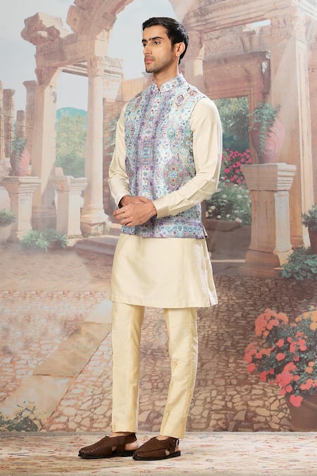 Buy_Asuka_Beige Silk, Cotton Mirrors, Embroidery Mughal Minaret Printed Bundi Kurta Set _Online_at_Aza_Fashions