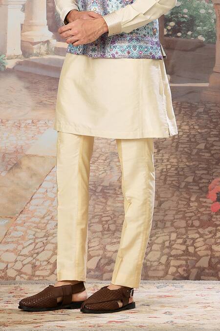 Shop_Asuka_Beige Silk, Cotton Mirrors, Embroidery Mughal Minaret Printed Bundi Kurta Set _Online_at_Aza_Fashions