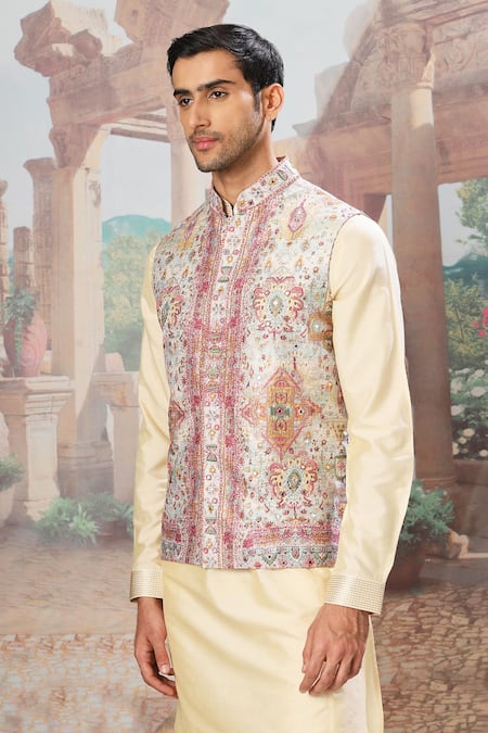 Shop_Asuka_Yellow Silk Mirrors, Embroidery Mughal Minaret Print Bundi Kurta Set _Online_at_Aza_Fashions