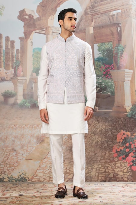 Asuka Blue Silk, Cotton Zari Dori And Leather Applique Bundi Kurta Set Online at Aza Fashions Asuka_Blue Silk, Cotton Zari Dori And Leather Applique Bundi Kurta Set _Online_at_Aza_Fashions