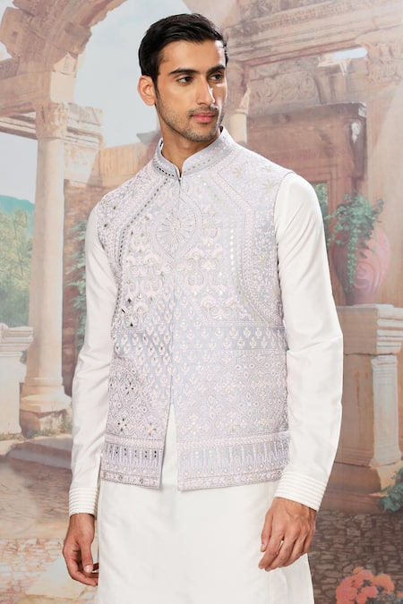 Shop Asuka Blue Silk, Cotton Zari Dori And Leather Applique Bundi Kurta Set Online at Aza Fashions Shop_Asuka_Blue Silk, Cotton Zari Dori And Leather Applique Bundi Kurta Set _Online_at_Aza_Fashions