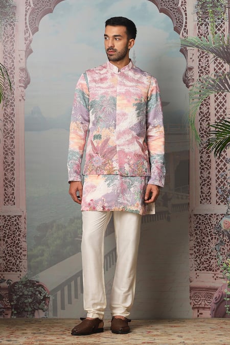 Buy_Asuka_Pink Linen, Satin Cut Work, Zari, Embroidery Floral Print Bundi Kurta Set _Online_at_Aza_Fashions