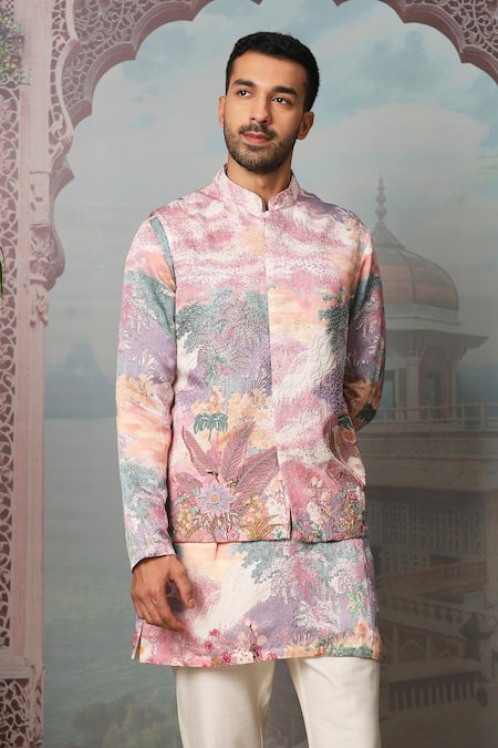 Asuka_Pink Linen, Satin Cut Work, Zari, Embroidery Floral Print Bundi Kurta Set _at_Aza_Fashions