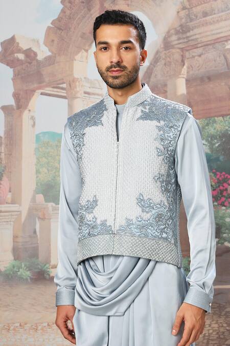 Asuka_Gray Velvet, Satin Cut Work, Sequins, Embroidery Bundi Kurta Set _Online_at_Aza_Fashions