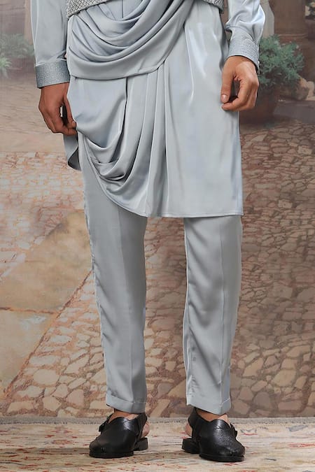 Buy_Asuka_Gray Velvet, Satin Cut Work, Sequins, Embroidery Bundi Kurta Set _Online_at_Aza_Fashions