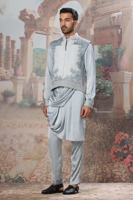 Shop_Asuka_Gray Velvet, Satin Cut Work, Sequins, Embroidery Bundi Kurta Set _Online_at_Aza_Fashions