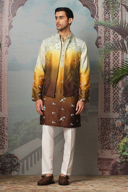 Asuka_Gold Silk, Cotton Zari, Embroidery Floral Bundi Kurta Set _Online_at_Aza_Fashions