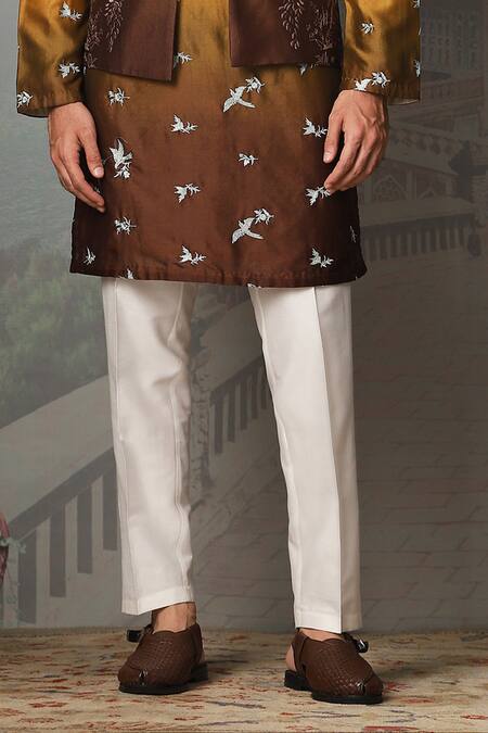 Buy_Asuka_Gold Silk, Cotton Zari, Embroidery Floral Bundi Kurta Set _Online_at_Aza_Fashions