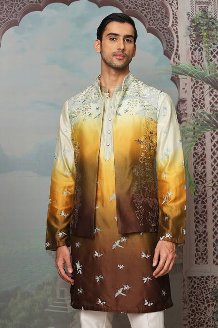 Shop_Asuka_Gold Silk, Cotton Zari, Embroidery Floral Bundi Kurta Set _Online_at_Aza_Fashions